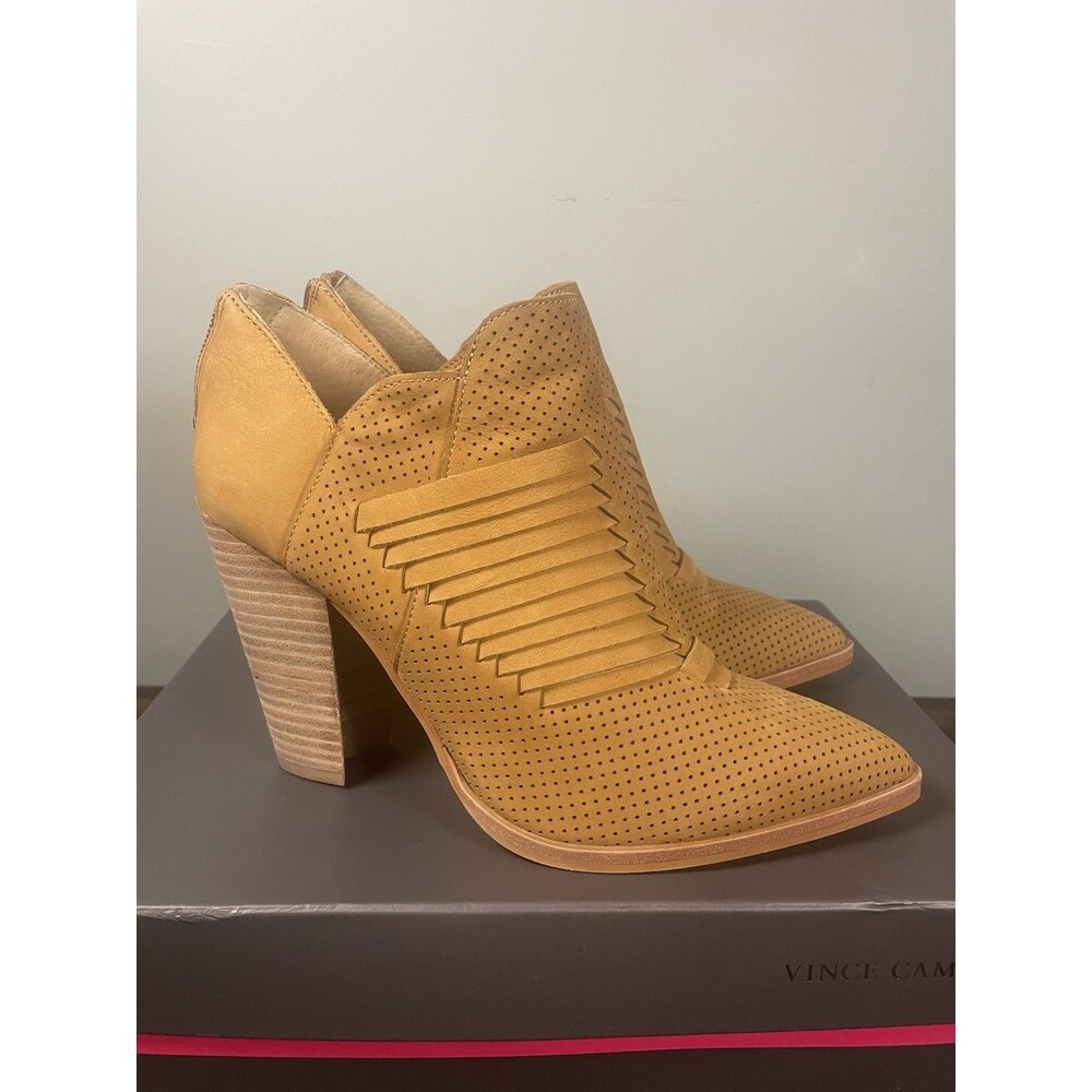 Vince Camuto Women’s Perforated Suede Ankle Booties Tan Leather Zip Heels 8.5